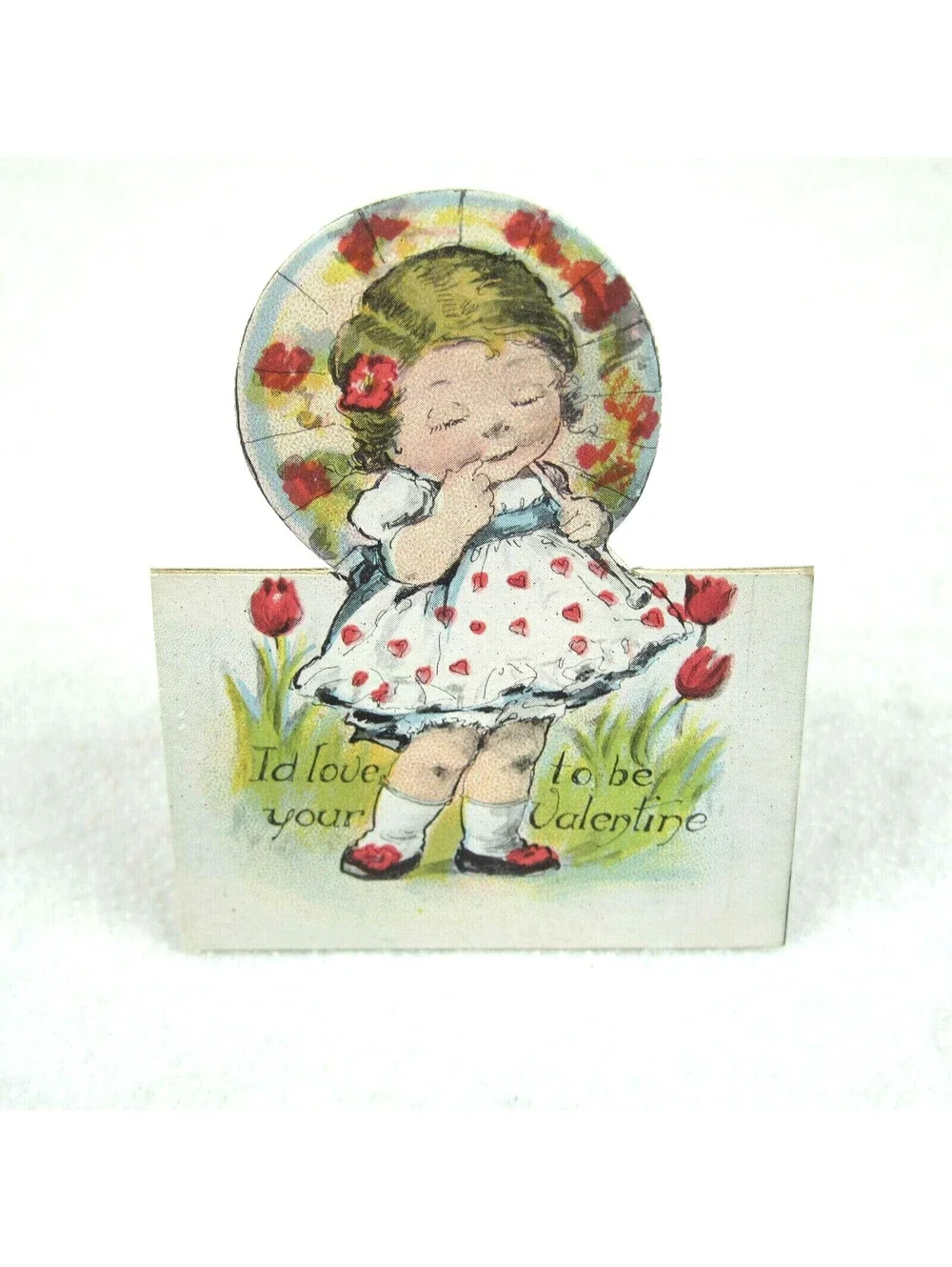 Vintage Valentine Cutout Card Stand Up Blonde Girl Parasol Red 1920-30s UNSIGNED